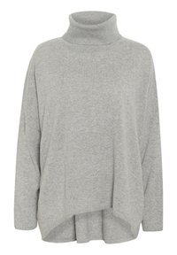 Maglione a collo alto grigio chiaro con maniche lunghe e orlo asimmetrico, realizzato in morbido tessuto a maglia.
