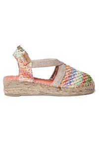 Färgglad vävd espadrille-sandal med en flätad jutesula, justerbar tygrem och ett livligt regnbågsmönster. Har en strukturerad yta.