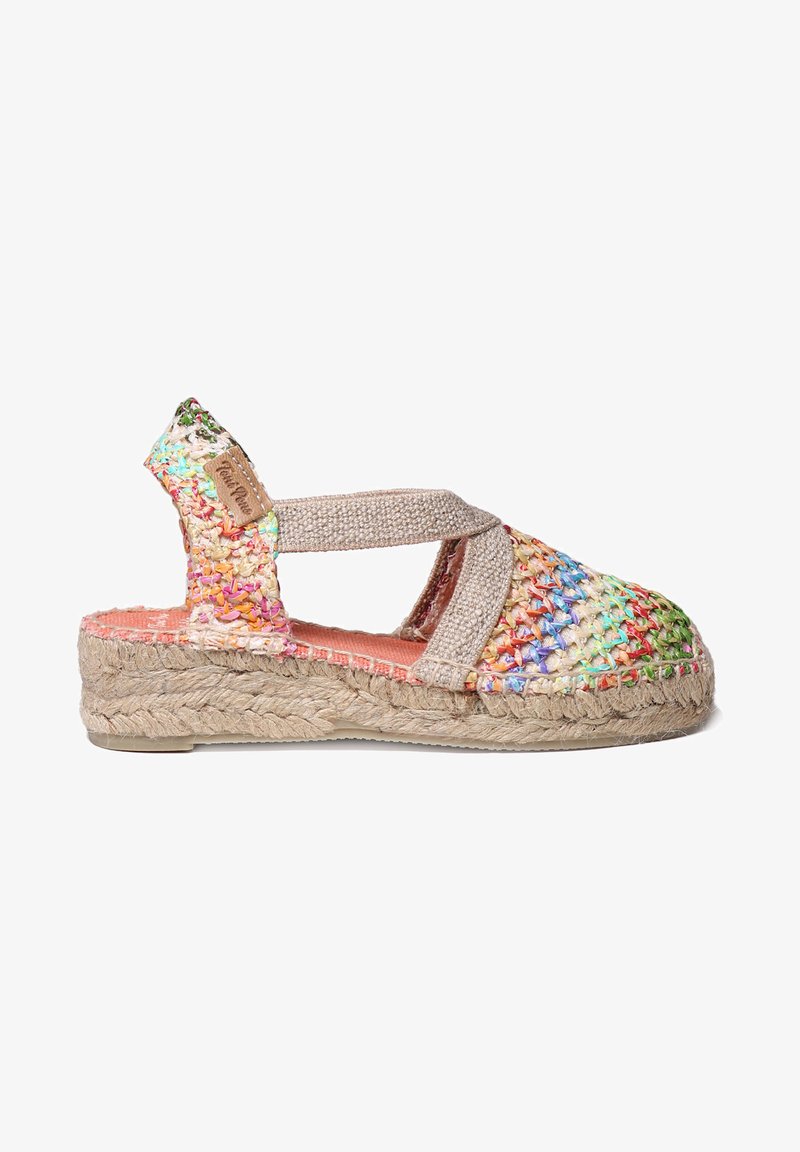 Sandal espadrille intrecciata e colorata con suola in juta intrecciata, cinturino in tessuto regolabile e vivace motivo arcobaleno. Presenta una superficie testurizzata.