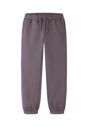 Pantalon de survêtement gris foncé avec taille élastique, cordelette, poches latérales et poignets élastiques aux chevilles.