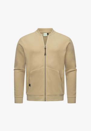 Beige zip-up sweatshirt made of textured fabric, featuring a stand-up collar, two side pockets, and ribbed cuffs and hem.
