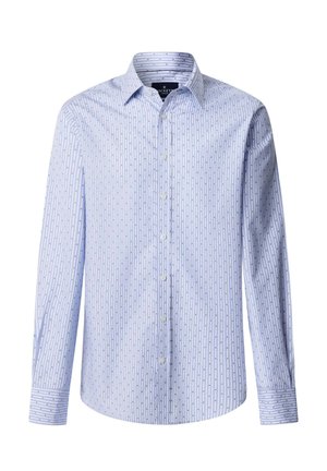 Light blue men's button-up shirt with long sleeves, vertical thin stripes, and small dot pattern on a white background.
