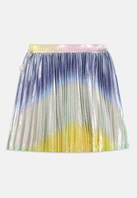 Gonna plissettata in una sfumatura di blu, argento e giallo con una cintura glitterata d'oro, realizzata in un tessuto lucido e testurizzato.