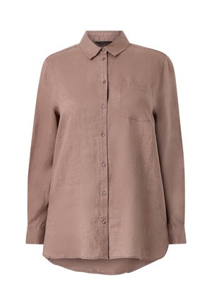 Langærmet mauve knap-op skjorte med krave og brystlomme, lavet af letvægtsstof, vist på hvid baggrund.