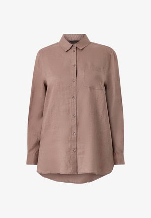 Mauve overhemd met lange mouwen, knopen, een kraag en een borstzak, gemaakt van lichtgewicht stof, getoond op een witte achtergrond.