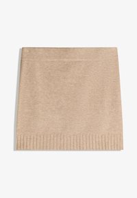 Beige neulemini hame, jossa on ribbaushelma. Pehmeä tekstuuri, suora malli ja sileä vyötärönauha. Sopii kerroksellisiin asuihin tai yksin käytettäväksi.