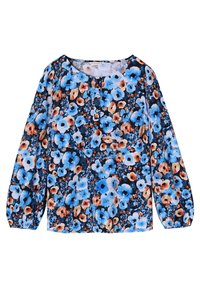 Blusa a maniche lunghe in tessuto scuro con motivo floreale, caratterizzata da fiori blu, arancioni e crema. Dettagli in bottone sul colletto.