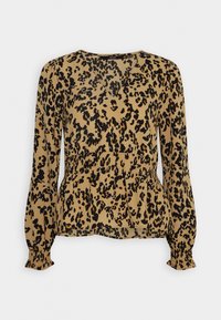 Blusa a maniche lunghe con stampa leopardata in beige e nero, caratterizzata da una vita arricciata e polsini con volant. Tessuto morbido con una texture liscia.
