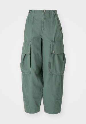 Zelené cargo nohavice vyrobené z bavlnenej tkaniny, s elastickým pásom, bočnými vreckami a voľným strihom.