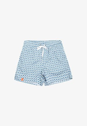 Costumi da bagno blu con motivo circolare, dotati di una vita con cordino bianco e di un'etichetta arancione sul lato.