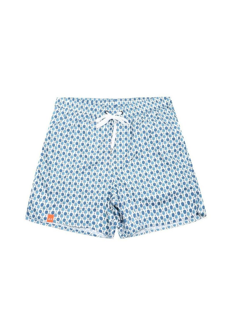 Costumi da bagno blu con motivo circolare, dotati di una vita con cordino bianco e di un'etichetta arancione sul lato.