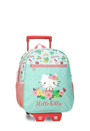 Mochila con ruedas para niños de Hello Kitty en azul claro con flores, arcoíris, asa roja y texto "Hello Kitty".