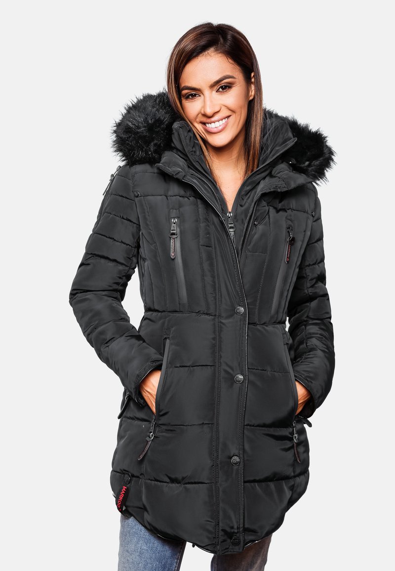 Black puffer coat with a faux fur hood, zippered pockets, and snap buttons; features a quilted pattern and a slightly tapered silhouette.