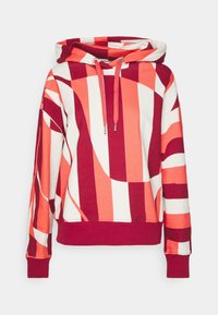 Sudadera con capucha con una mezcla de rayas rojas, coral y blancas. Presenta una capucha con cordón, puños acanalados y un corte relajado. Está hecha de una tela suave.