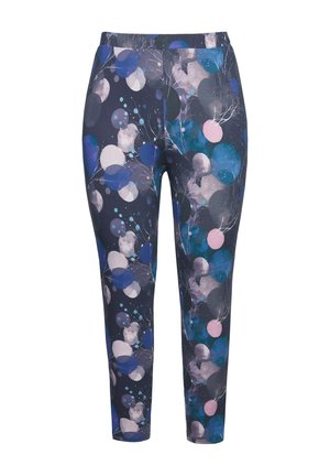 Geprinte leggings van donkere stof met een kleurrijk cirkelpatroon in blauw, roze en grijs, met een aansluitend ontwerp en een elastische tailleband.