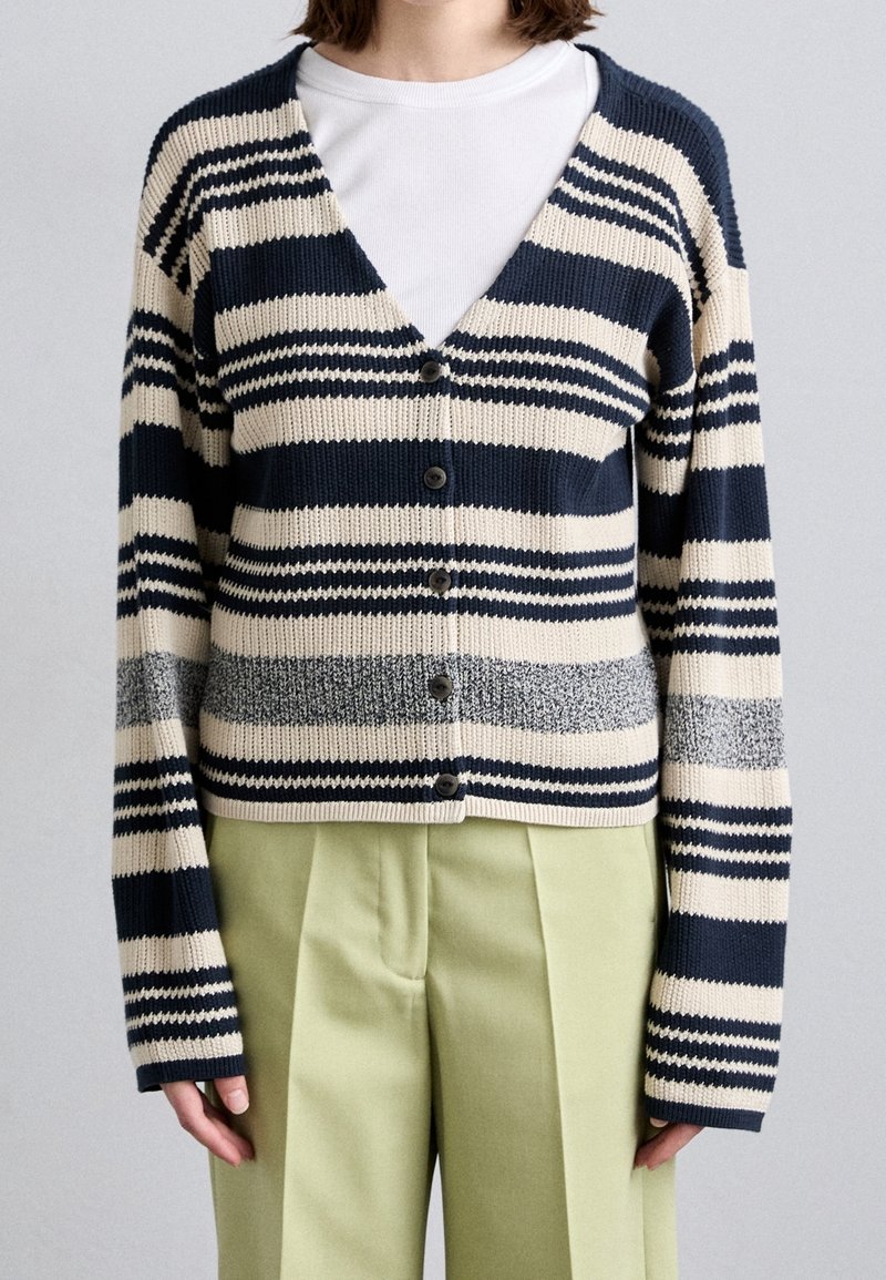 Striped cardigan in navy and cream with ribbed texture, button closure, and long sleeves. Worn over a white shirt and light green trousers.