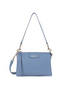 Sac à main en cuir bleu avec fermeture éclair, bandoulière amovible et quincaillerie dorée. Présente un logo subtil à l'avant.