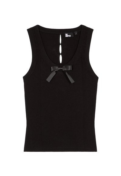 Haut sans manches en maille noire avec décolleté arrondi, trois découpes verticales sous le col, et un petit nœud en satin au centre devant.