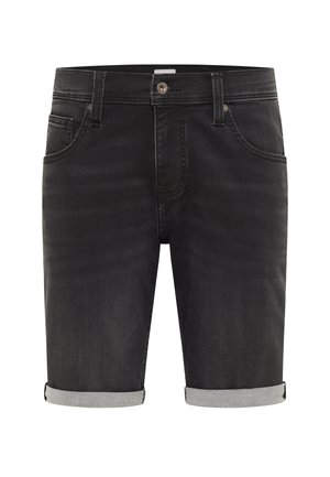 Schwarze Jeansshorts mit umgeschlagenem Saum, Fünf-Taschen-Design und metallischem Knopfdetail. Glatte Textur und gerader Schnitt.