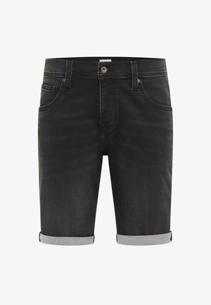 Schwarze Jeansshorts mit umgeschlagenem Saum, Fünf-Taschen-Design und metallischem Knopfdetail. Glatte Textur und gerader Schnitt.