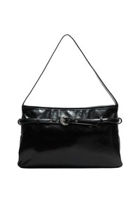 Schwarze Leder-Schultertasche mit einem dünnen, verstellbaren Tragegurt und dekorativem Gürtel-Detail auf der Vorderseite.