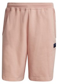 Light pink athletic shorts with elastic waistband, side pockets, and small black Adidas logo on right thigh.