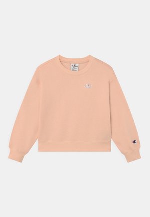 Sweat-shirt léger couleur pêche claire à col rond avec poignets et ourlet côtelés, petit logo blanc sur la poitrine et logo multicolore sur la manche gauche.