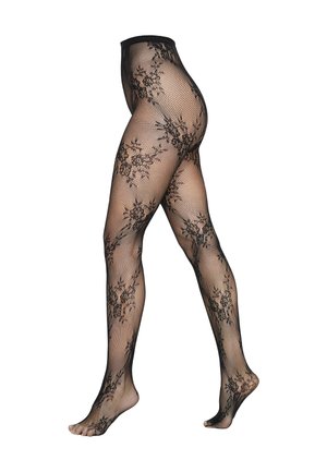 Zwarte bloemenkant visnetpanty's op vrouwelijke benen, zijaanzicht tegen een witte achtergrond.