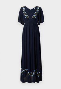 Navy blue maxi dress with short flutter sleeves, v-neckline, and floral embroidery in light blue and green along the chest and hem.