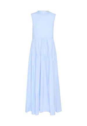 Hele sinine ilma varrukateta kleit kõrge kaelusega, kihtidega disainiga ja seljaosas lukuga. Valmistatud siledast kangast, millel on voogav siluett.