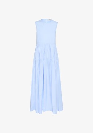 Hele sinine ilma varrukateta kleit kõrge kaelusega, kihtidega disainiga ja seljaosas lukuga. Valmistatud siledast kangast, millel on voogav siluett.