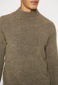 Bruine wollen trui met een hoge halslijn, een gladde textuur, een aansluitend ontwerp en zonder zichtbare patronen of hardwaredetails.