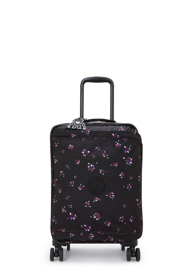 Rolling suitcase with a black fabric exterior featuring a floral pattern in purple and pink. Includes a retractable black handle and four wheels.