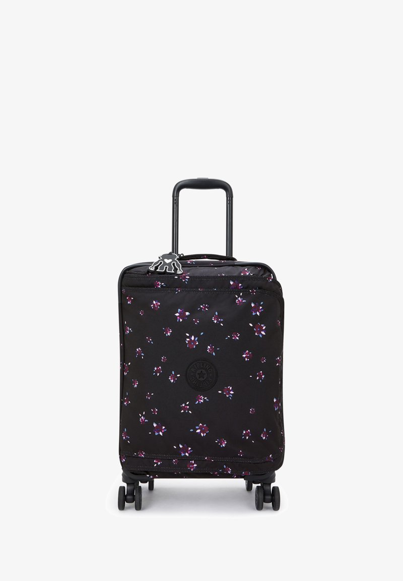 Cestovní kufr s černým textilním povrchem zdobeným květinovým vzorem v purpurové a růžové barvě. Obsahuje skládací černou rukojeť a čtyři kolečka.
