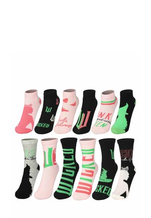 Assorted ankle socks in pink, black, and green; features patterns with text and silhouettes; cotton blend fabric; soft texture.
