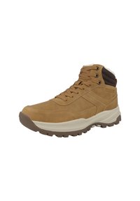Botas altas de cuero marrón con un acabado texturado, cuello acolchado y suela de goma con un patrón de tracción robusto.