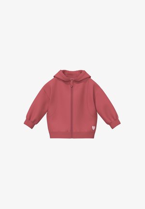 Kinder-Hoodie in staubigem Rosa mit Reißverschluss, langen Ärmeln, Kapuze, elastischen Bündchen und kleinem weißen Herz-Detail auf der unteren Vorderseite.