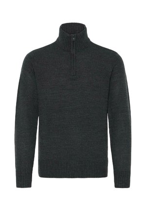 Tumedast hall soe kampsun kõrge kraega ja 1/4 tõmblukuga, millel on soonikud äärel ja varrukaotsadel, luues tekstuurse pinna.