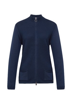 Navy knitted sweater with a high collar, full zipper, and ribbed texture; features two front pockets and a decorative ring at the zipper.