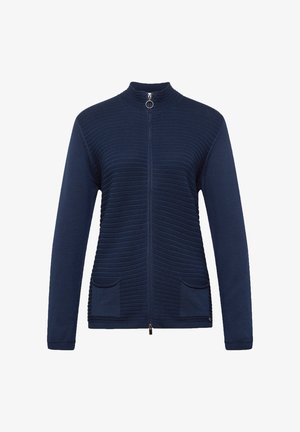 Marineblauer Strickpullover mit hohem Kragen, durchgehendem Reißverschluss und geripptem Muster; verfügt über zwei Vordertaschen und einen dekorativen Ring am Reißverschluss.
