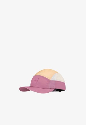 Gorra de béisbol con bloques de color rosa claro, beige y blanco, con visera curva y correa ajustable en la parte trasera.