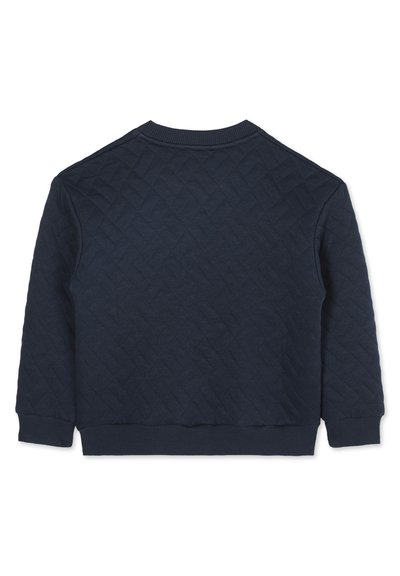 Navyblauwe gewatteerde sweatshirt met een ronde halslijn. Het heeft ribgebreide manchetten en een zoom, met een ruitpatroonstructuur op de stof.