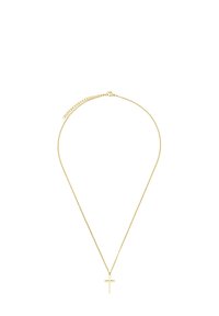 Gouden ketting met een dunne schakel en een eenvoudige, platte kruispendant. Vriendelijke textuur met een glanzende afwerking, voorzien van een sluiting en een verstelbare lengte.