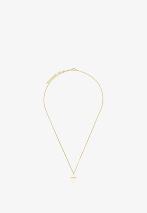 Collar de oro con una cadena fina y un colgante de cruz simple y plana. Textura suave con un acabado brillante, cuenta con un cierre y longitud ajustable.