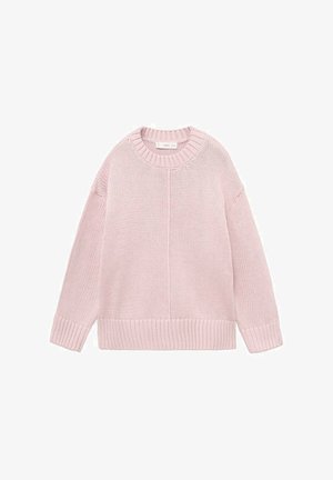 Helles rosa gestricktes Sweatshirt mit rundem Halsausschnitt, gerippten Bündchen und Saum sowie einem entspannten Schnitt. Besitzt einen strukturierten Stoff mit subtilen Stichdetails.