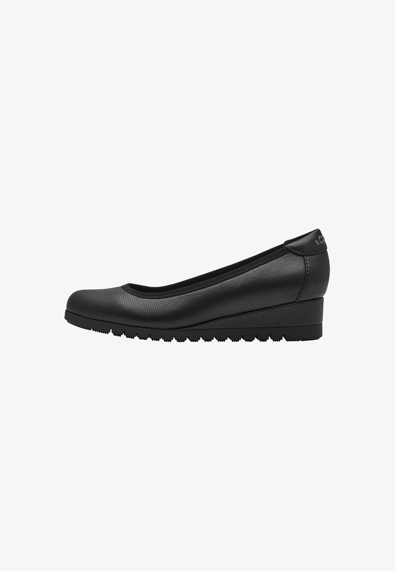Black women's wedge shoe with a perforated synthetic upper, rounded toe, and textured rubber sole for added grip.