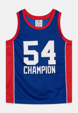 Zils sieta basketbola krekls ar sarkaniem akcentiem, uz kura liela balta numurs '54' un vārds 'CHAMPION' treknās baltās burtiem.