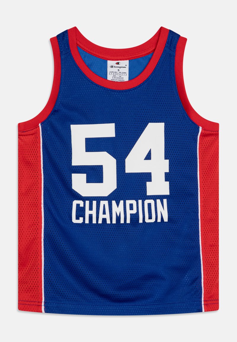Mėlyna tinklinė krepšinio marškinėliai su raudonais akcentais, kuriuose yra didelis baltas skaičius '54' ir žodis 'CHAMPION' drąsiais baltais rašmenimis.
