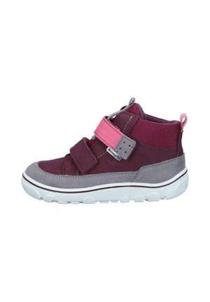 High-top athletic shoe in dark burgundy and gray, featuring dual adjustable straps, a textured fabric upper, and a white rubber outsole.