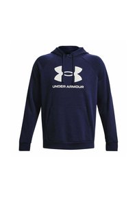 Felpa con cappuccio blu navy realizzata in tessuto morbido, dotata di tasca frontale, cappuccio con coulisse e grande logo bianco Under Armour sul petto.